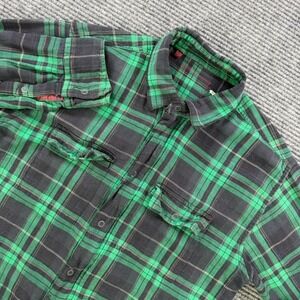 Altamont Mens Medium Plaid Flannel Shirt Jacket Green Black Distressed Zip Front